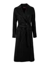 Max Mara Black Belted Long Coat With Notched Collar And Smooth Finish In Black