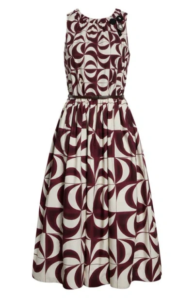 Max Mara Abstract Geo Print Belted Cotton Midi Dress In Burgundy