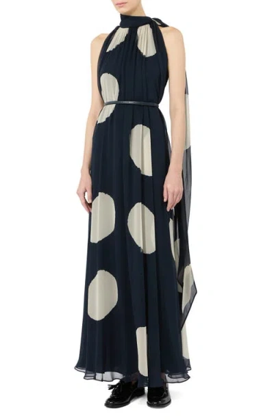 Max Mara Agente Polka Dot Long Silk Georgette Dress In Blue