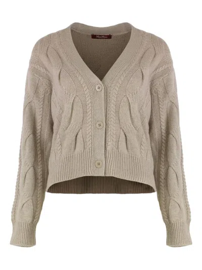 Max Mara Studio Cardigan In Wool And Cashmere With Braids In Neutral