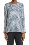 Max Mara Alatri Logo Print High-low Silk Blouse In Cornflower Blue