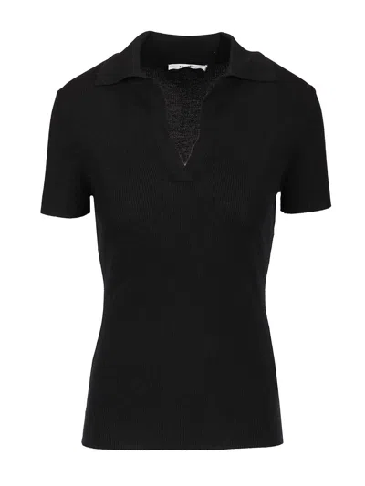 Max Mara Albero Ribbed Short Sleeve Wool Polo Knitwear Blue In Black