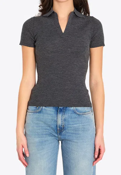 Max Mara Albero Ribbed Wool Polo T-shirt In Gray