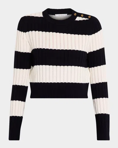 Max Mara Alfeo Stripe Ribbed Wool Cashmere Crop Sweater In White Blue