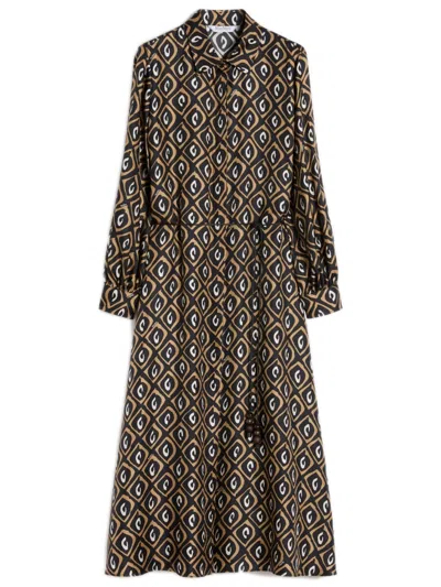 Max Mara A-line Printed Silk Twill Dress With Puff Sleeves In Black