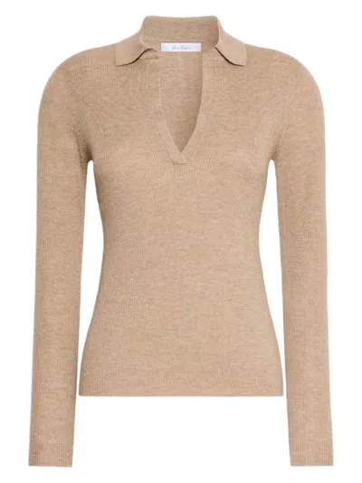 Max Mara All-over Fine Rib-knit Cashmere Polo Sweater In Brown