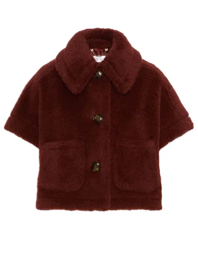 Max Mara Alpaca And Wool Teddy Mini Cape Jacket With Silk Base In Rosso