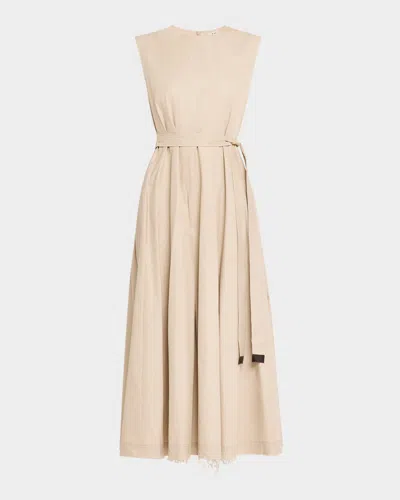 Max Mara Amina Pleated Maxi Dress With Tie Belt In Beige