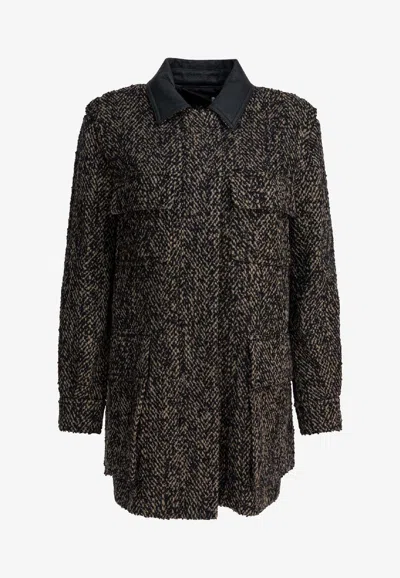 Max Mara Herringbone Pattern Wool Jacket With Leather Collar In Black