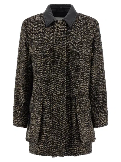 Max Mara Herringbone Pattern Wool Jacket With Leather Collar In Black