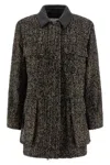 Max Mara Herringbone Pattern Wool Jacket With Leather Collar In Gray
