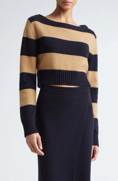 Max Mara Angri Stripe Cashmere Crop Boatneck Sweater In Navy