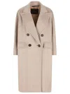 Max Mara Longline Double-breasted Coat Featuring Leather Undercollar In Neutral