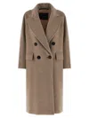 Max Mara Longline Double-breasted Coat Featuring Leather Undercollar In Gray