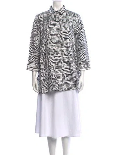 Pre-owned Max Mara Animal Print Three-quarter Sleeve Button-up Top In White