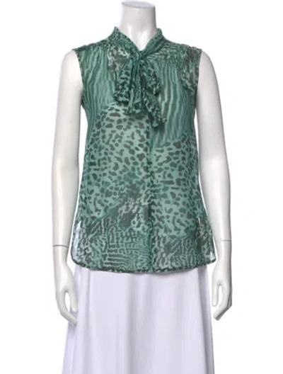 Pre-owned Max Mara Animal Print Tie Neck Blouse In Green