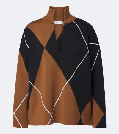 Max Mara Argyle Virgin Wool Sweater In Brown