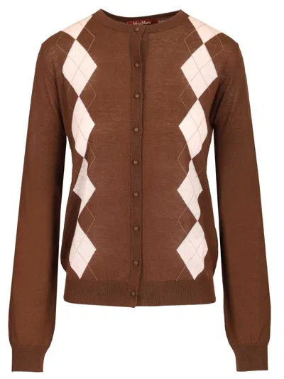Max Mara Argyle Wool And Silk Cardigan Knitwear Brown