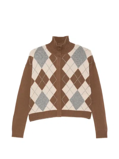 Max Mara Argyle-intarsia Button-collar Sweater In Brown