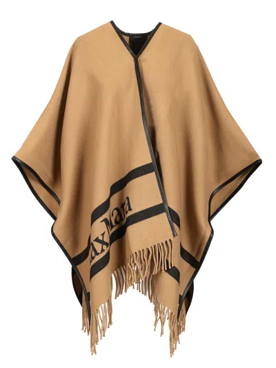 Max Mara Aris Wool Logo Cape Coats Beige In Neutral