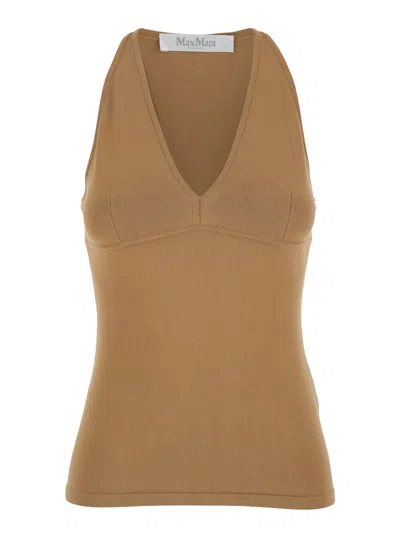 MAX MARA MAX MARA 'ARMIDA' BEIGE SLEEVELESS TOP WITH V NECK IN VISCOSE BLEND WOMAN