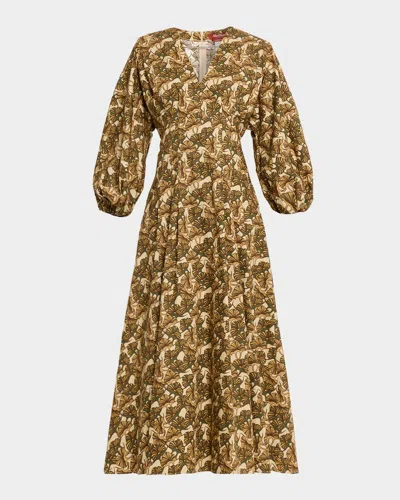 Max Mara Astice Pleated Abstract-print Cotton Midi Dress In Green