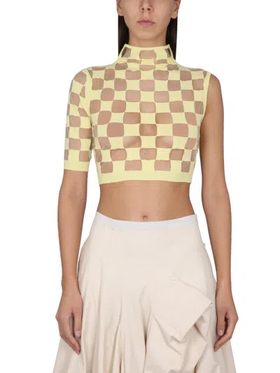 Max Mara Cropped Checkered Asymmetrical Mock Neck Top In White