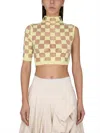 Max Mara Cropped Checkered Asymmetrical Mock Neck Top In Yellow