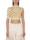 Max Mara Cropped Checkered Asymmetrical Mock Neck Top In Yellow