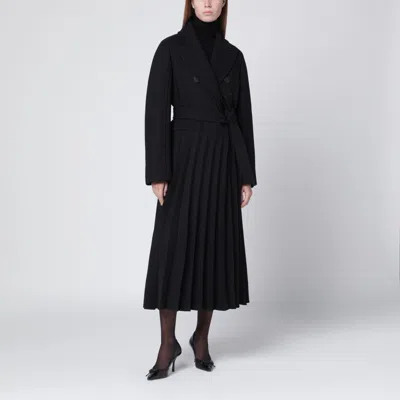 Max Mara Black Pleated Redingote Coat In Technical Fabric In Gray