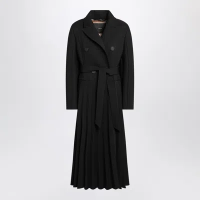 Max Mara Atelier Black Pleated Redingote Coat In Technical Fabric