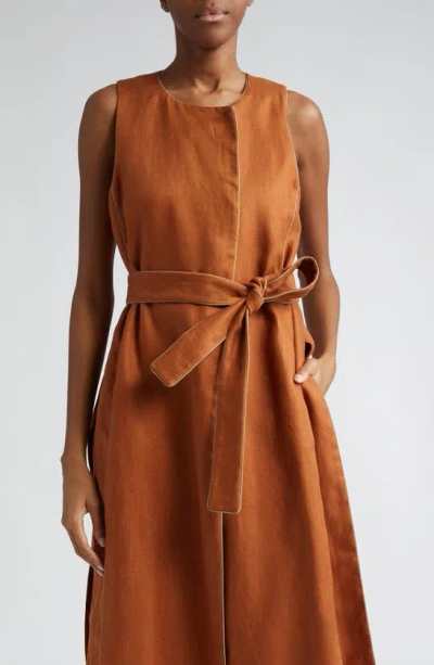 Max Mara Aureo Linen Belted Longline Vest In Cuoio Scuro