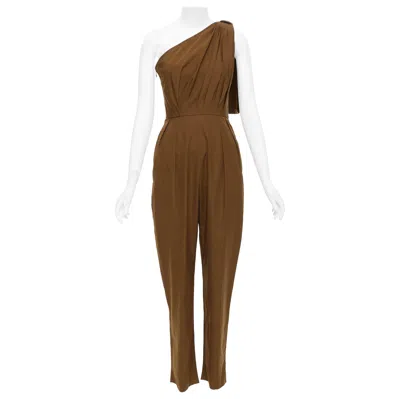 Pre-owned Max Mara Avola Brown Cotton Poplin One Shoulder Leather Trim Jumpsuit It36 Xxs