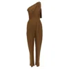 Max Mara Avola Cotton Poplin One Shoulder Leather Trim Jumpsuit In Brown