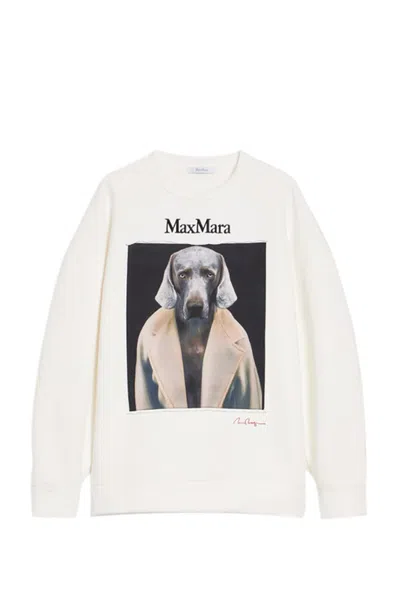 Max Mara Brushed Cotton Crew Neck Sweatshirt With Weimaraner Motif In White