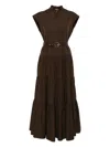 Max Mara High Collar Midi Dress With Tiered Skirt In Brown