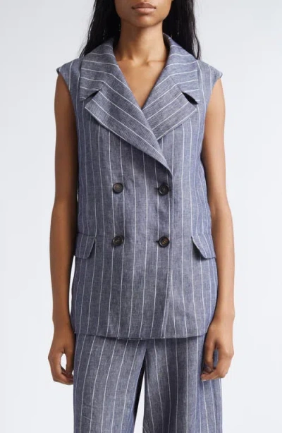 Max Mara Ballo Pinstripe Double Breasted Linen Vest In Blue