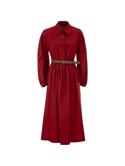 Max Mara Balloon-sleeve Pleated Cotton Midi Dress In Red