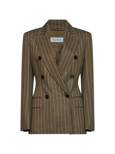 Max Mara Khaki Green Pinstriped Jersey Mxmbalta Double-breasted Blazer
