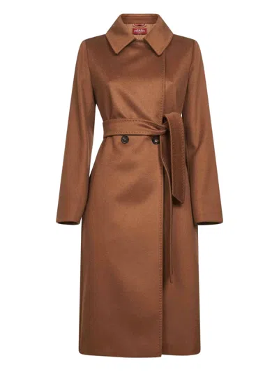 Max Mara Bcollag Double-breasted Belted Coat In Brown