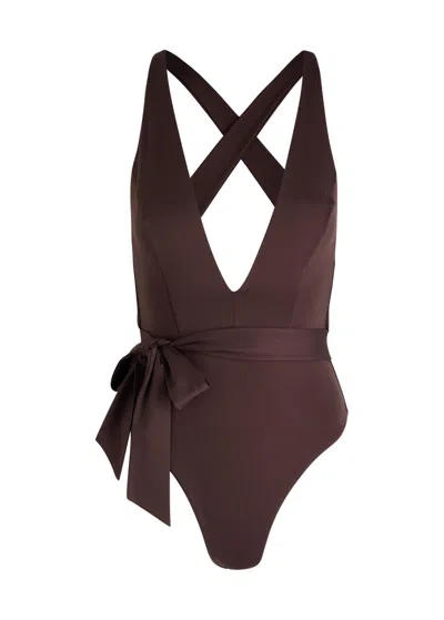 Max Mara Beachwear Cristel Plunge Halterneck Swimsuit In Brown