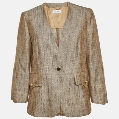 Pre-owned Max Mara Beige Basketweave Linen Blend Single Breasted Blazer L In Sand