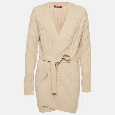 Max Mara Beige Cable Knit Belted Cardigan In Neutral