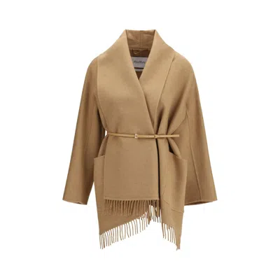 Max Mara Abilita Fringed Camel Hair Belted Cape Jacket In Brown