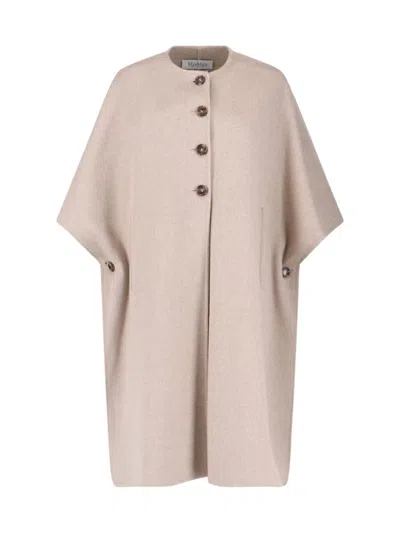 MAX MARA MAX MARA BEIGE CASHMERE CAPE WITH BUTTON CLOSURE AND MAXI BACK SLIT