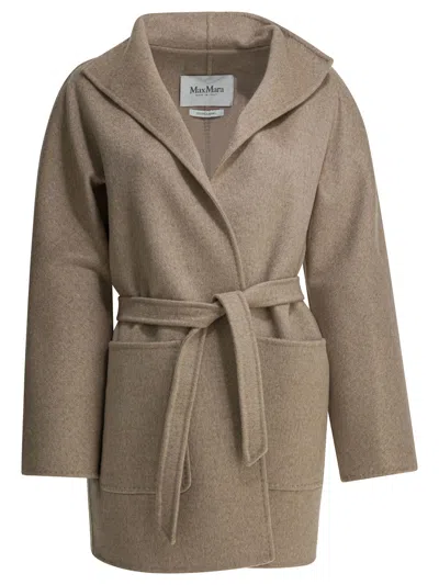 Max Mara Elegant Camel Fabric Jacket With Detachable Belt And Hood In Tan