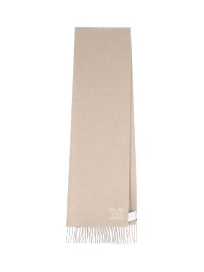 Max Mara Beige Cashmere Scarf With Logo Embroidery And Fringed Edges In Neutral