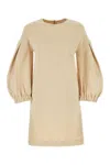 Max Mara Crew Neck Monogram Pattern Puffed Sleeves Dress In Beige