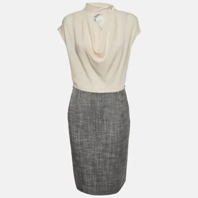 Pre-owned Max Mara Beige Crepe & Linen Blend Cowl Neck Midi Dress M In Sand