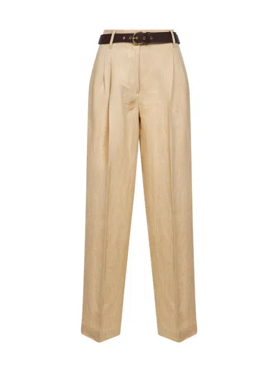 Max Mara Beige Faded Linen Twill Mstsumero Belted Wide-leg Trousers In Multi